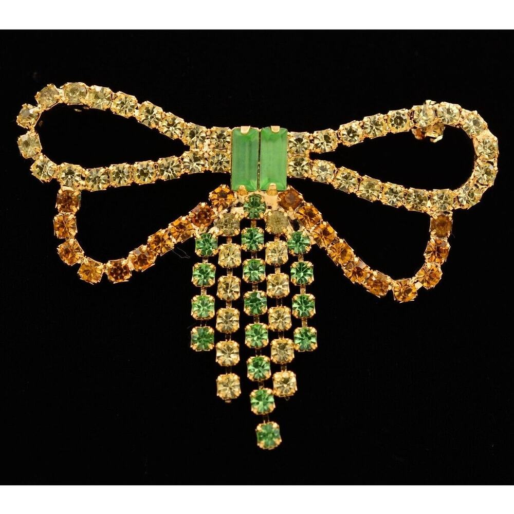 Vintage Bow Pin Brooch Rhinestone Crystal Green Baguette Sparkling Shiny BinAH